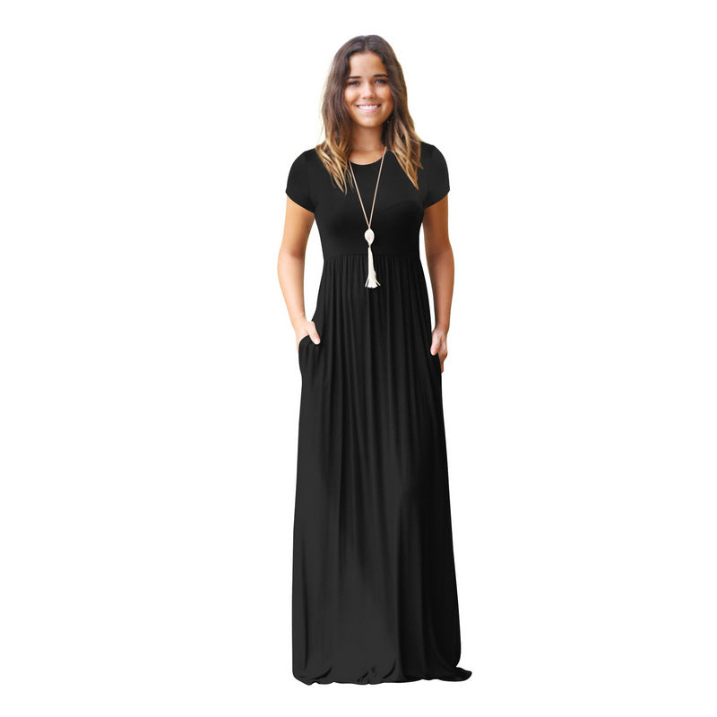 FS311#Vestido largo informal liso holgado de manga corta para mujer con bolsillos