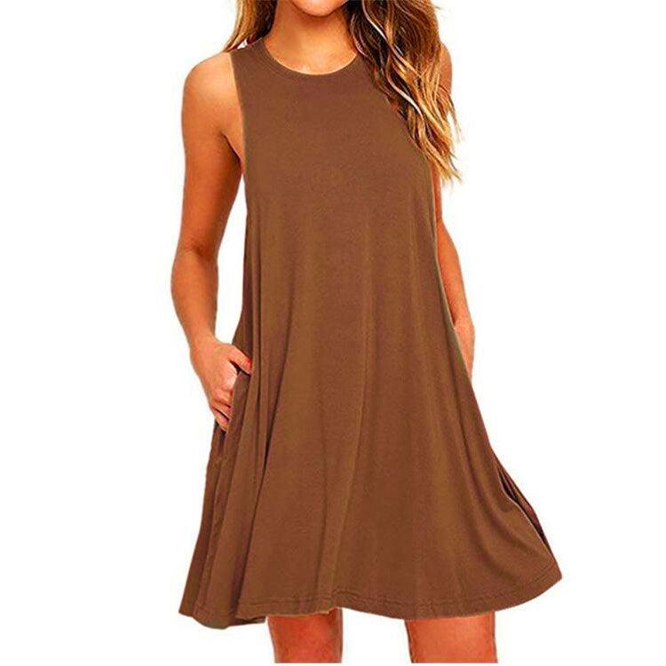 FS307# Vestidos de verano para mujer 2024 Vestido playero informal sin mangas con estampado floral Vestido de verano holgado con bolsillo