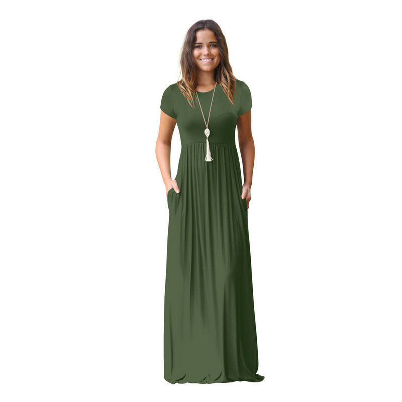 FS311#Vestido largo informal liso holgado de manga corta para mujer con bolsillos