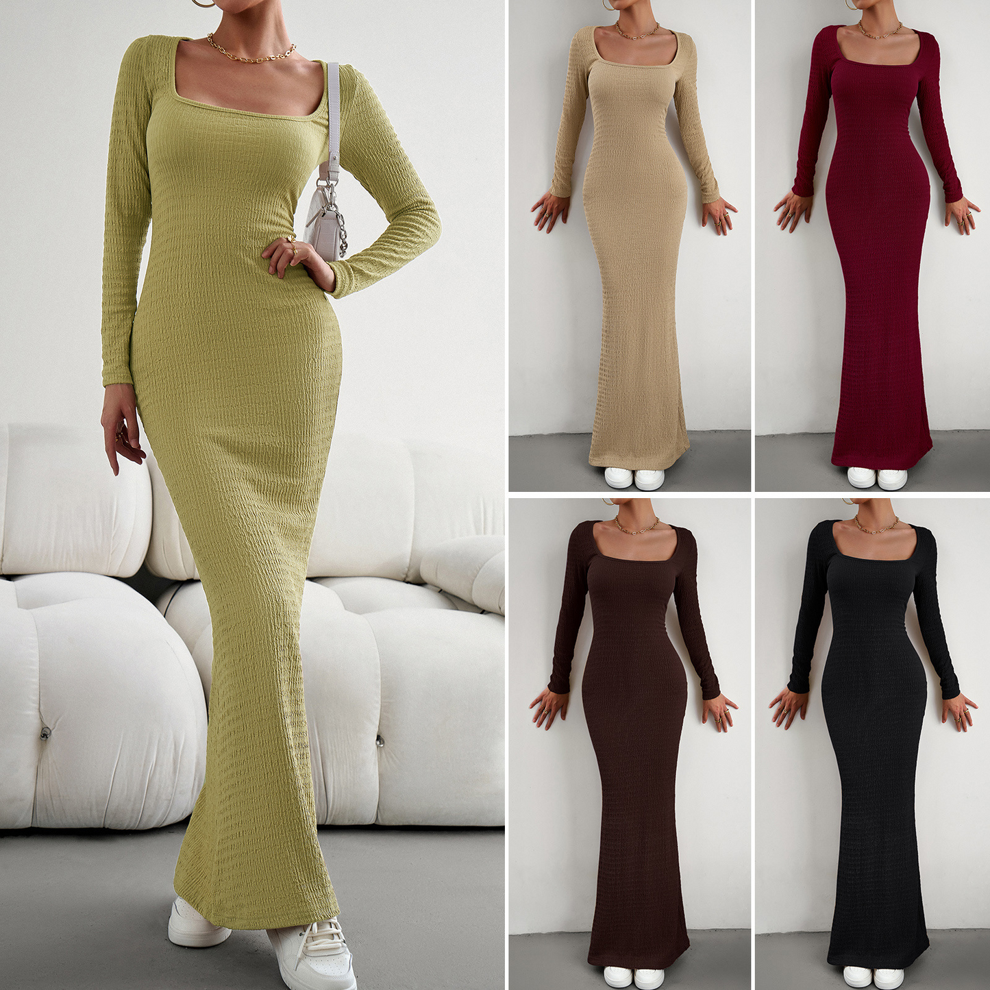 MS360#Vestido de punto de manga larga con escote cuadrado y corte ajustado para mujer