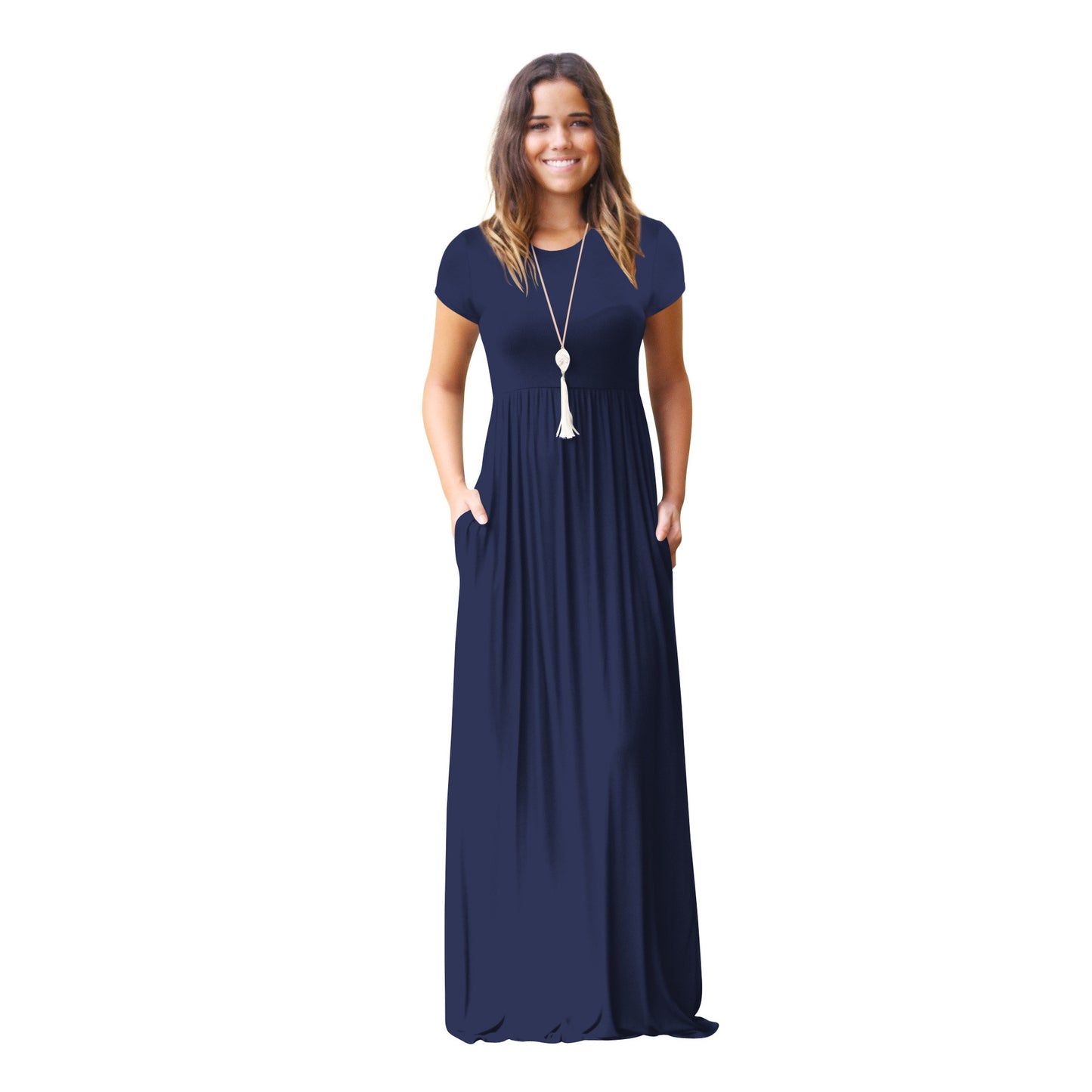 FS311#Vestido largo informal liso holgado de manga corta para mujer con bolsillos