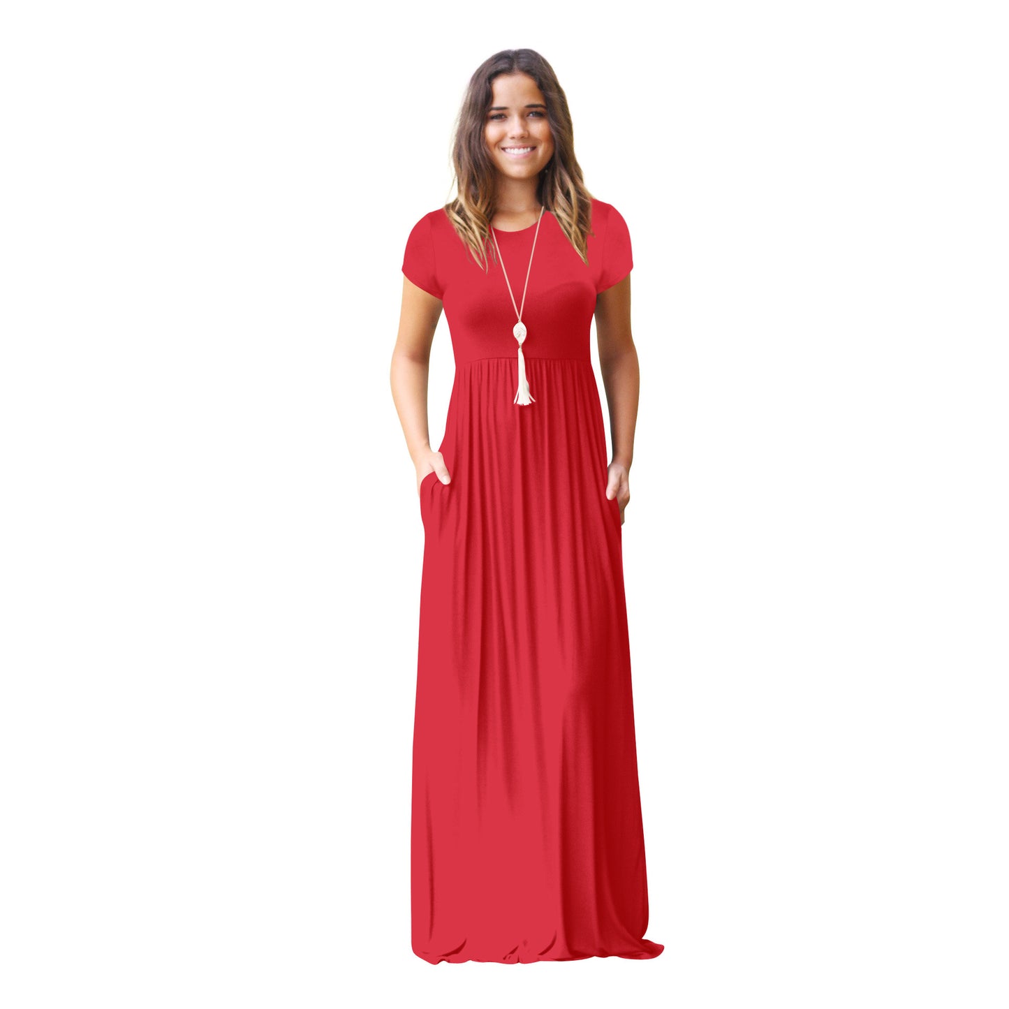 FS311#Vestido largo informal liso holgado de manga corta para mujer con bolsillos
