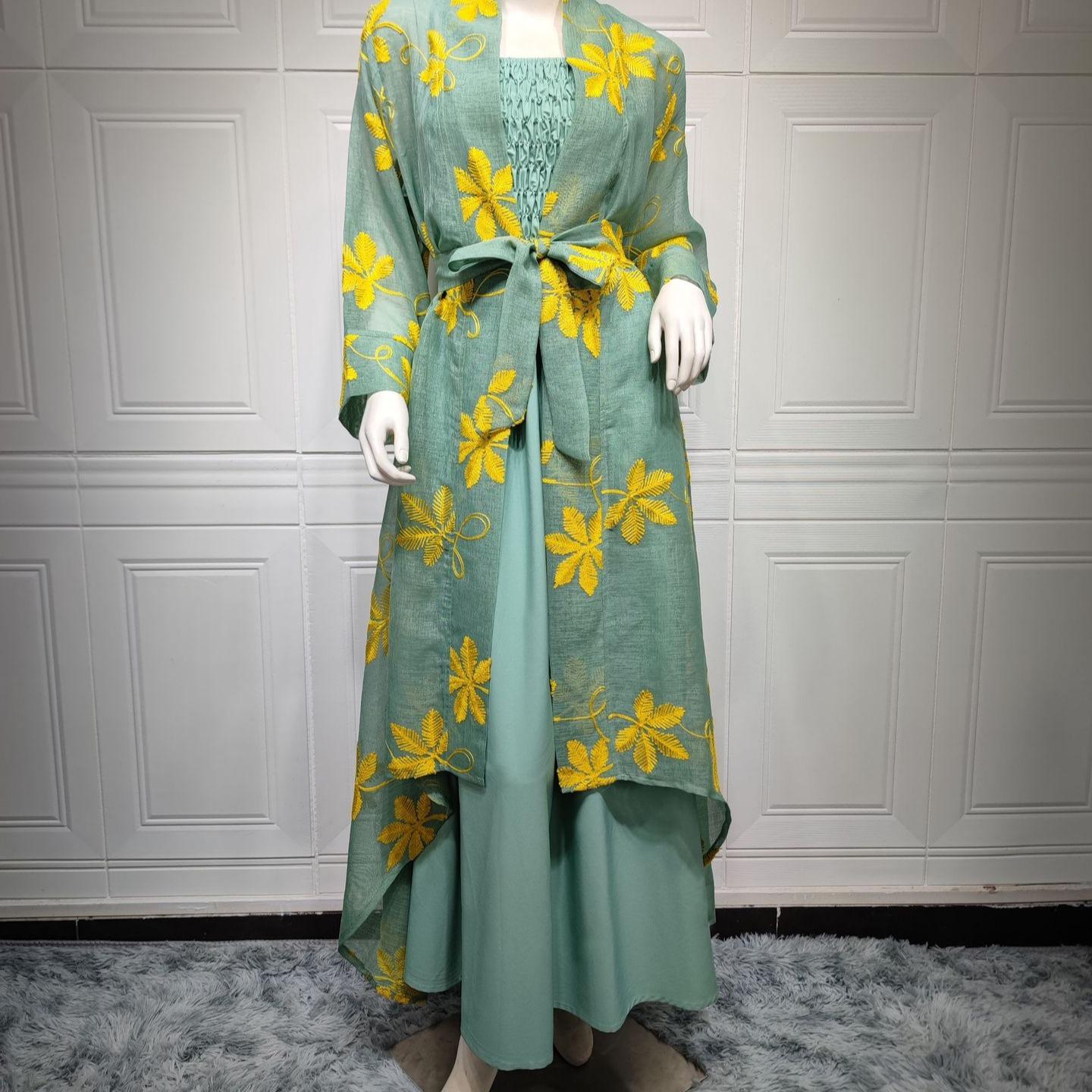 MS304#Vestido musulmán de gasa para mujer, dos piezas, estilo bandolera, para jugar, hecho a mano, estilo Dubai