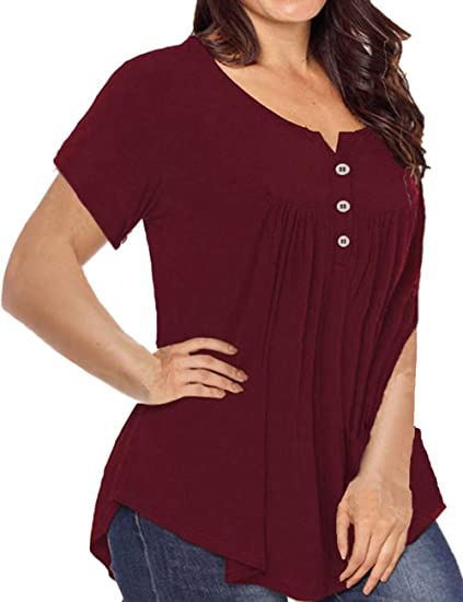 FS312#Blusa tipo túnica de talla grande para mujer, blusa de verano de manga corta con cuello en V, blusas holgadas con volantes y botones