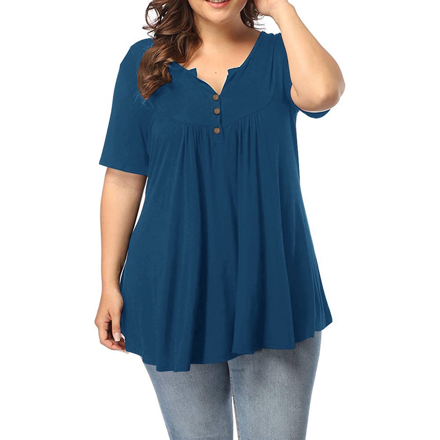 FS312#Blusa tipo túnica de talla grande para mujer, blusa de verano de manga corta con cuello en V, blusas holgadas con volantes y botones