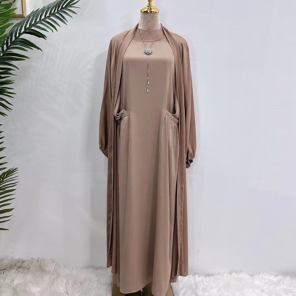 MS290#Vestido musulmán liso con bolsillos