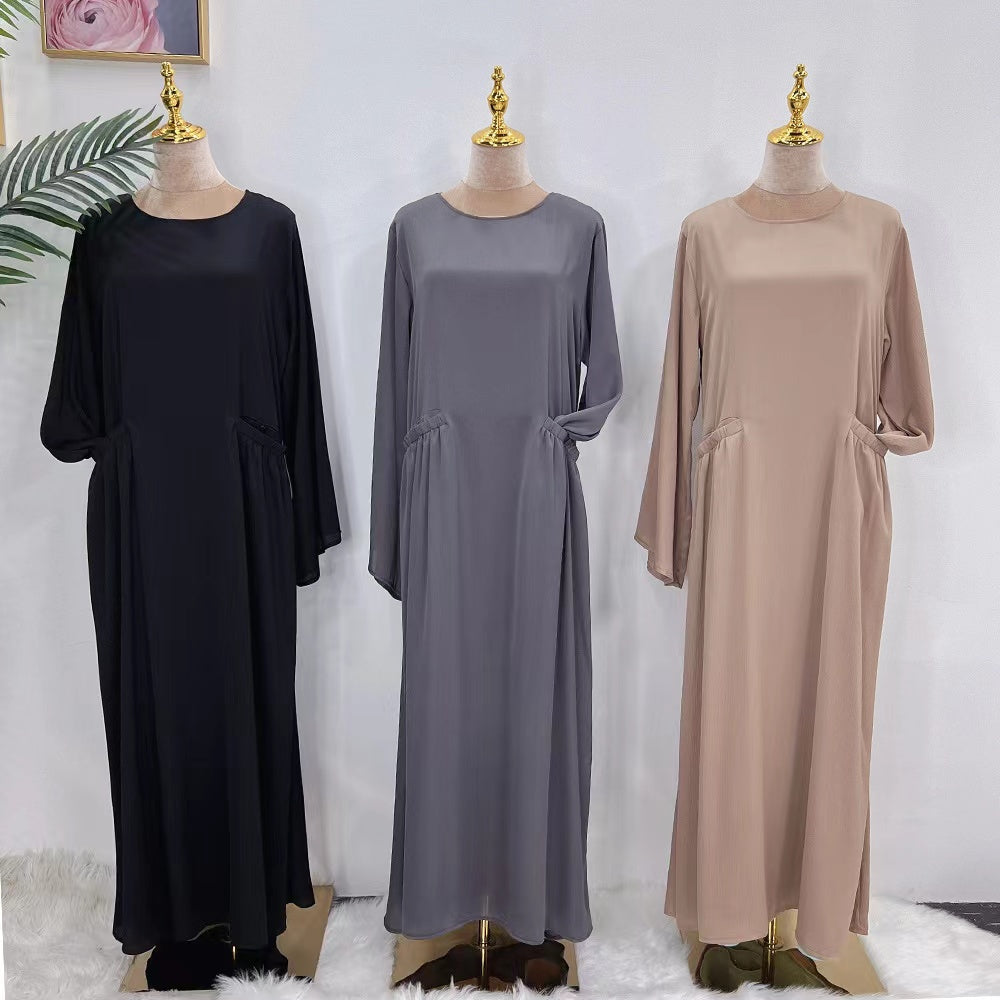 MS290#Vestido musulmán liso con bolsillos