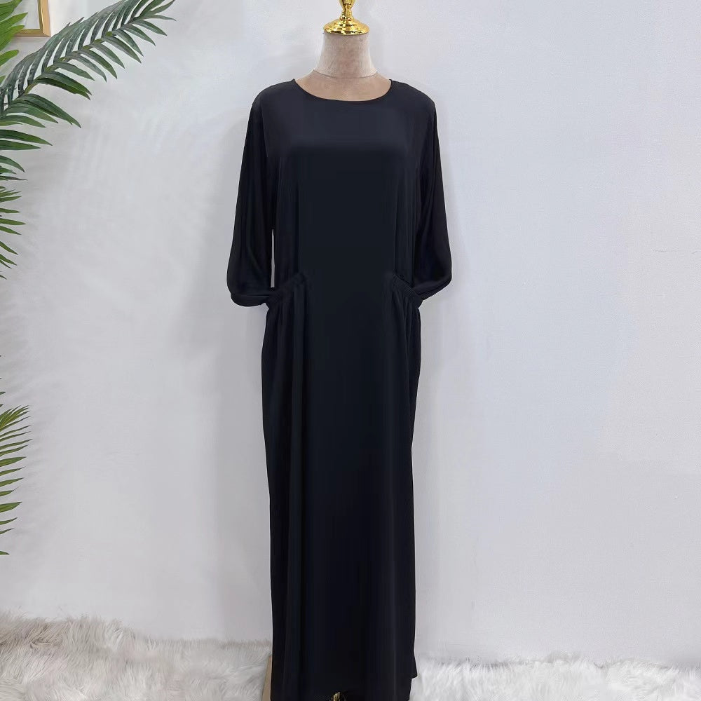 MS290#Vestido musulmán liso con bolsillos