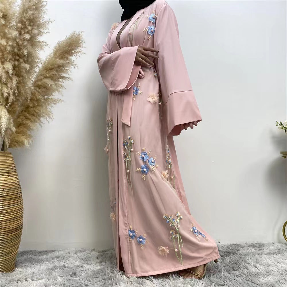 MS292#Vestido tipo cárdigan suelto tridimensional bordado musulmán