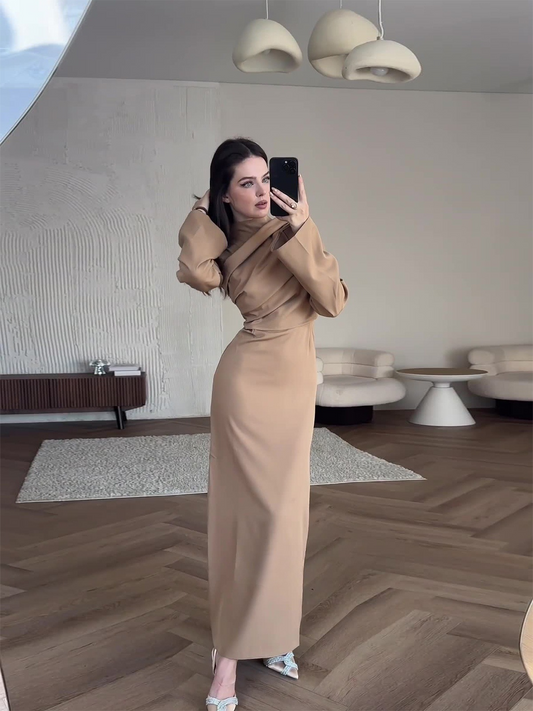 MS454#Vestido de manga larga plisado sensible a la presión con diseño de color sólido y temperamento elegante