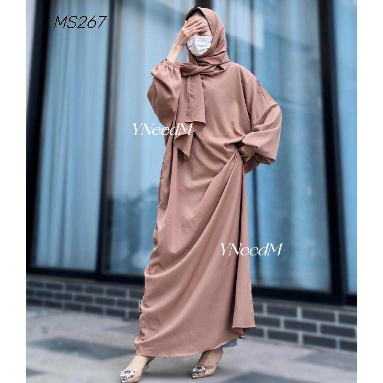 MS267#Vestido tipo túnica musulmán con bufanda de color sólido