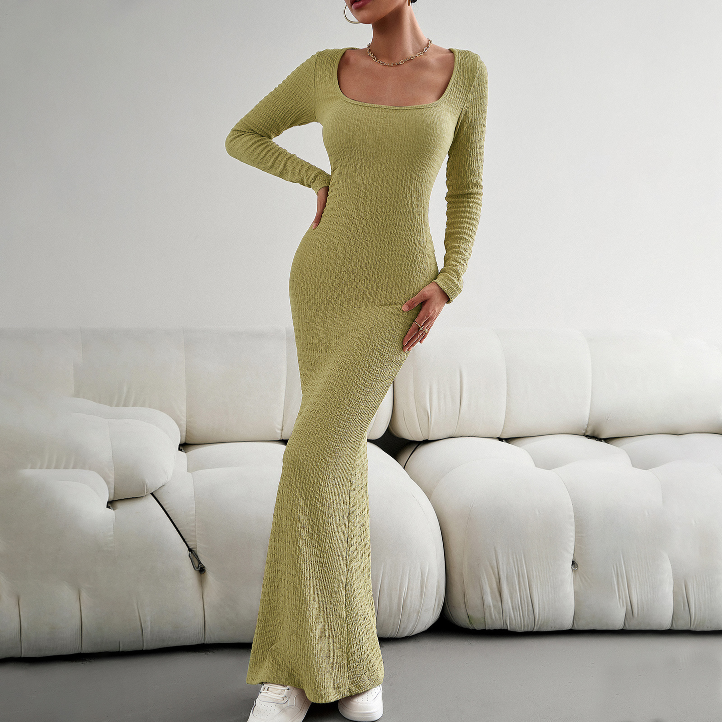 MS360#Vestido de punto de manga larga con escote cuadrado y corte ajustado para mujer