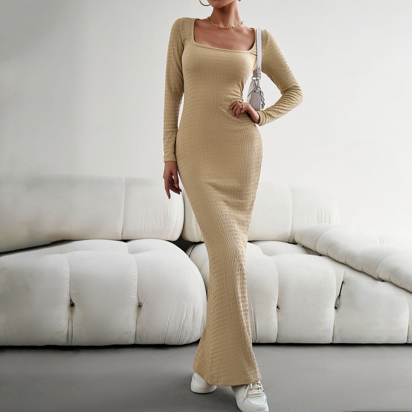 MS360#Vestido de punto de manga larga con escote cuadrado y corte ajustado para mujer