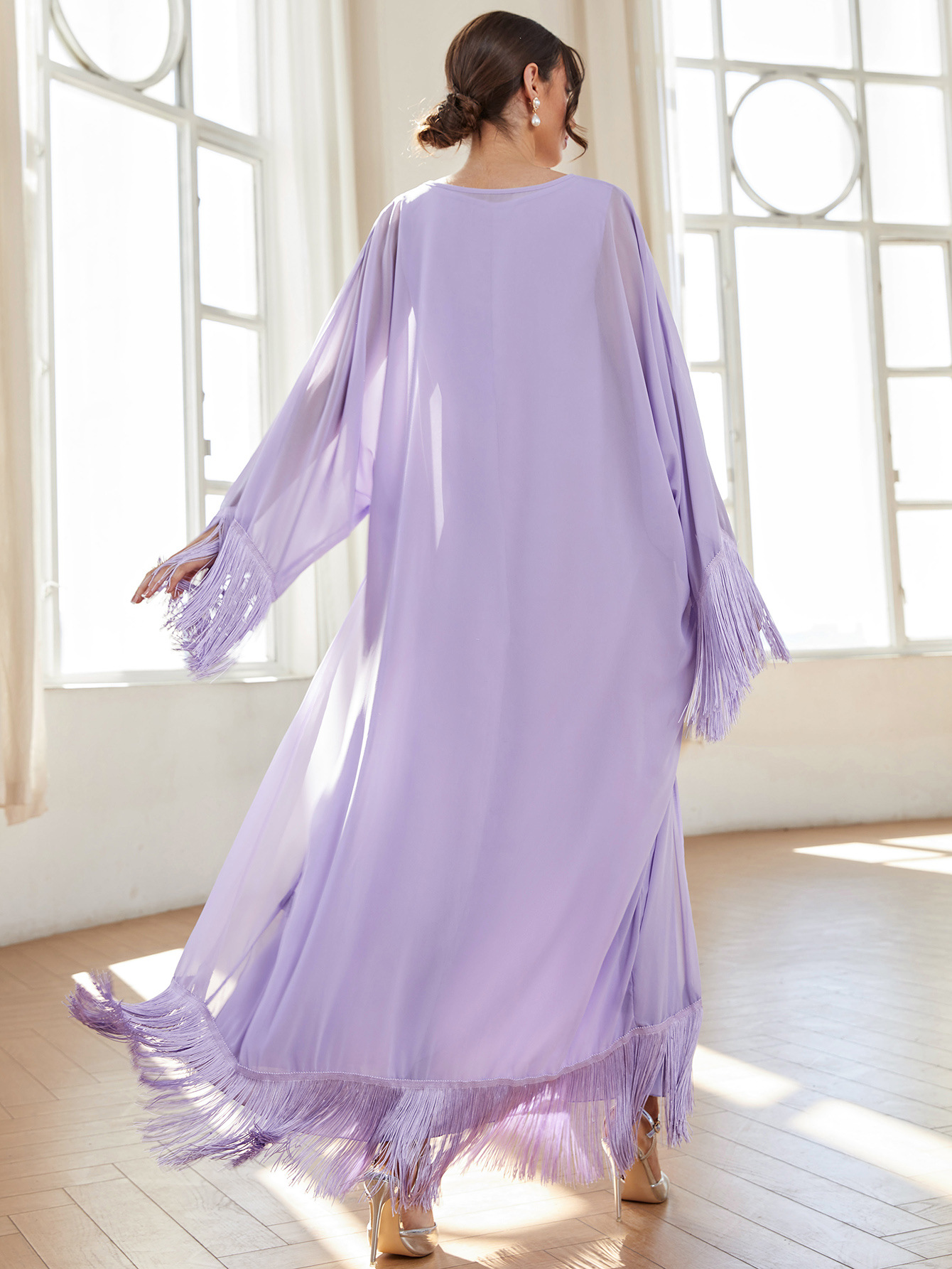 MS354#Conjunto elegante de dos piezas de bata de gasa y borlas
