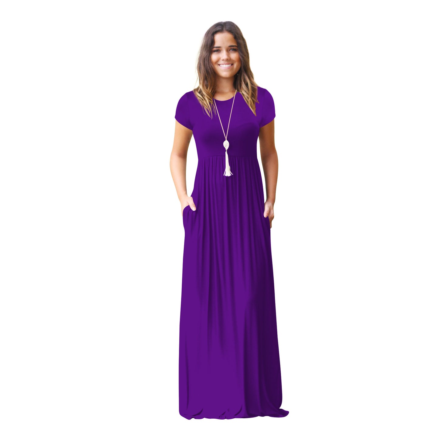 FS311#Vestido largo informal liso holgado de manga corta para mujer con bolsillos