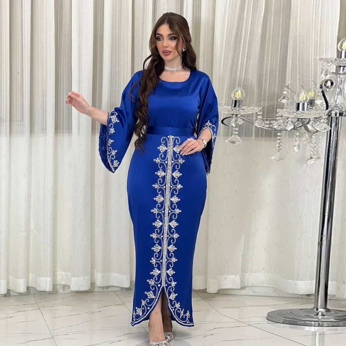 MS316#Vestido de noche de satén suave con incrustaciones de diamantes y largo para mujer
