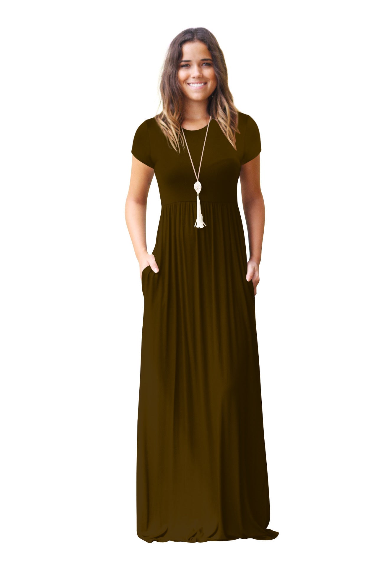FS311#Vestido largo informal liso holgado de manga corta para mujer con bolsillos