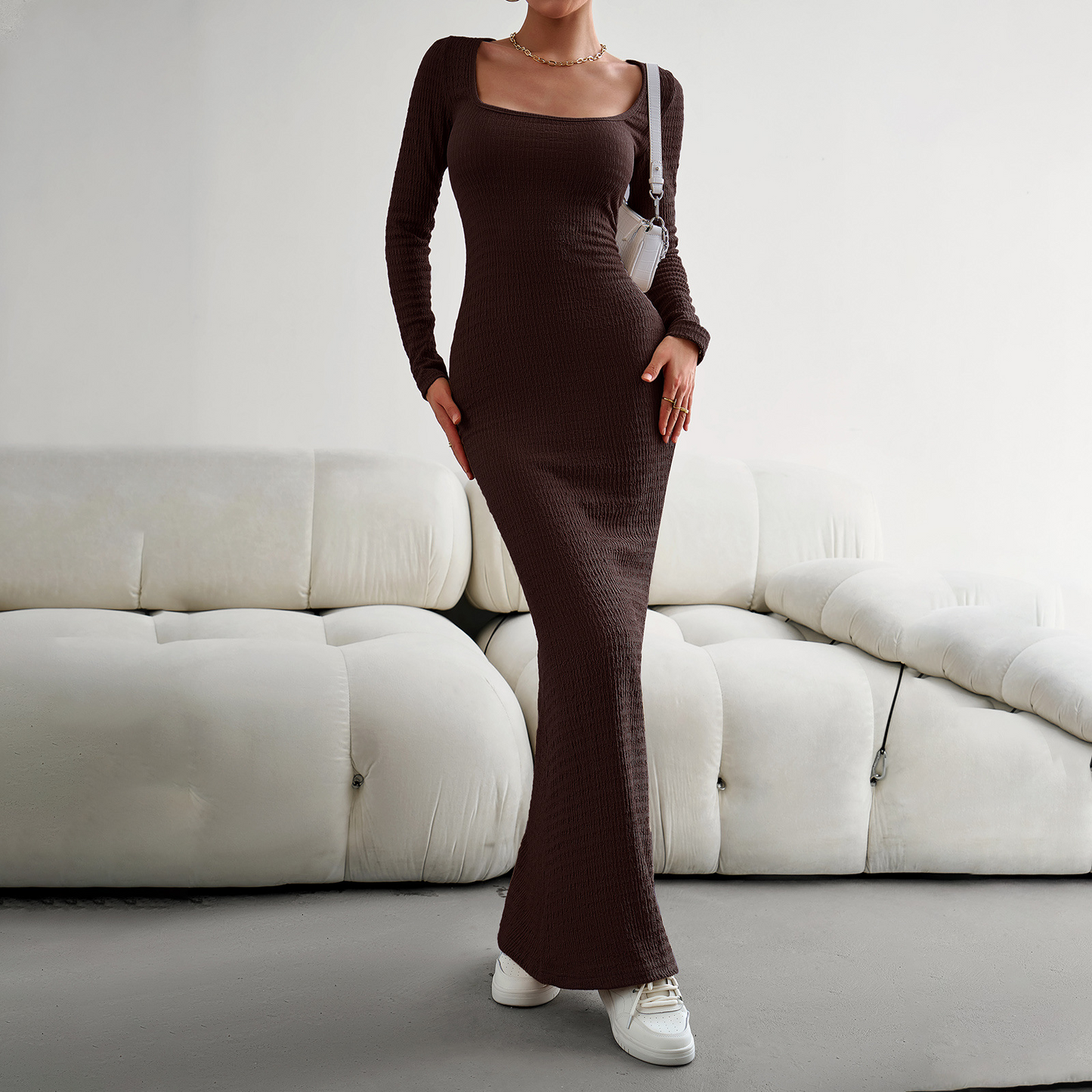 MS360#Vestido de punto de manga larga con escote cuadrado y corte ajustado para mujer