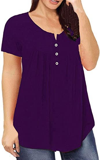 FS312#Blusa tipo túnica de talla grande para mujer, blusa de verano de manga corta con cuello en V, blusas holgadas con volantes y botones