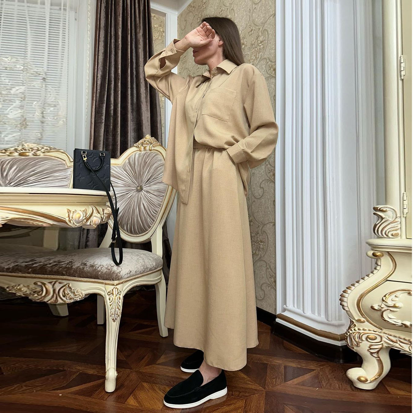 MS364#Traje informal de camisa y falda de manga larga suelta para mujeres musulmanas