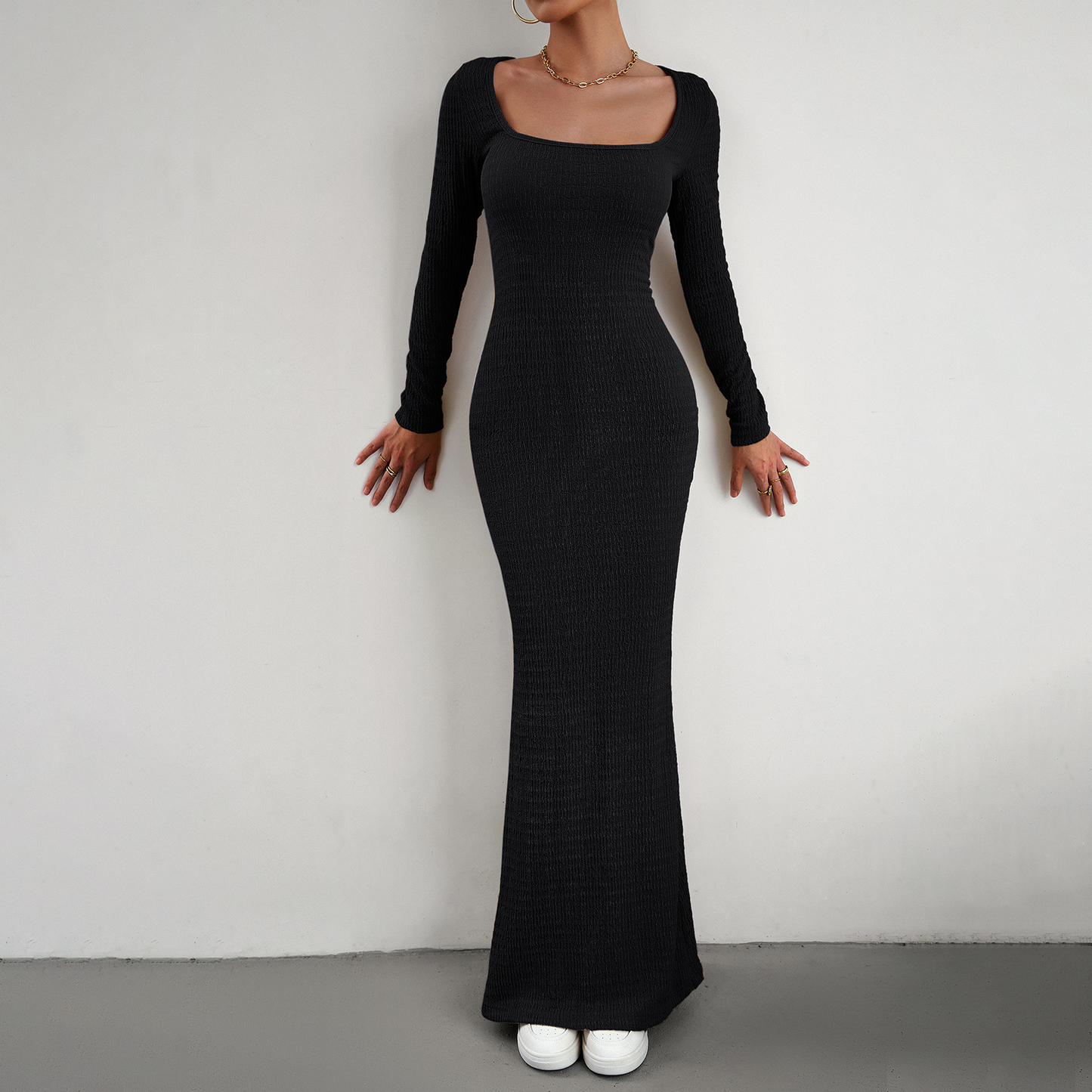 MS360#Vestido de punto de manga larga con escote cuadrado y corte ajustado para mujer