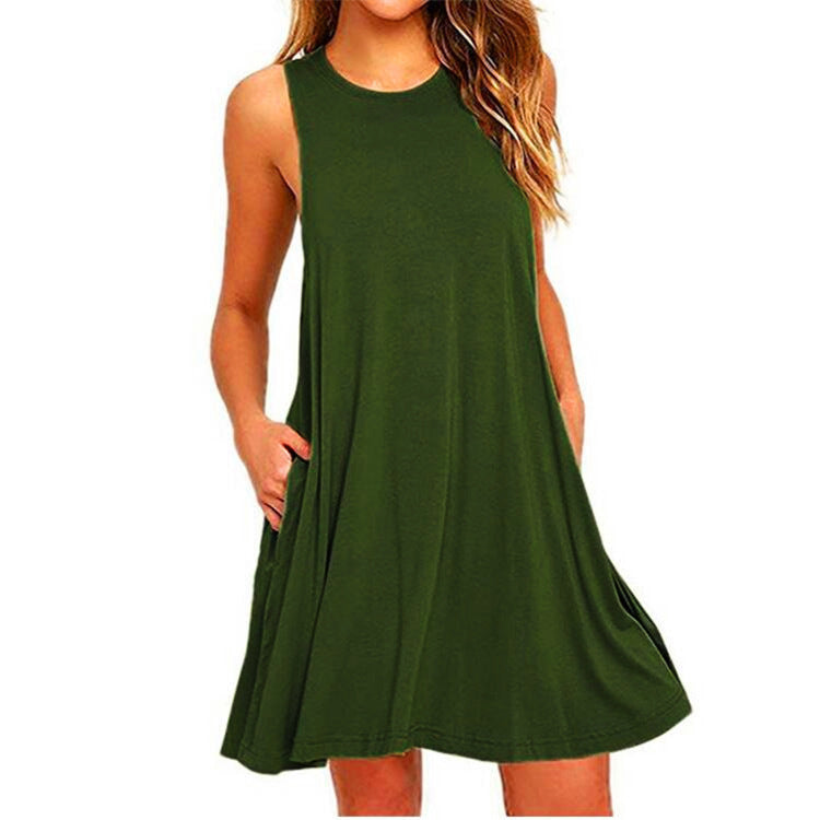 FS307# Vestidos de verano para mujer 2024 Vestido playero informal sin mangas con estampado floral Vestido de verano holgado con bolsillo