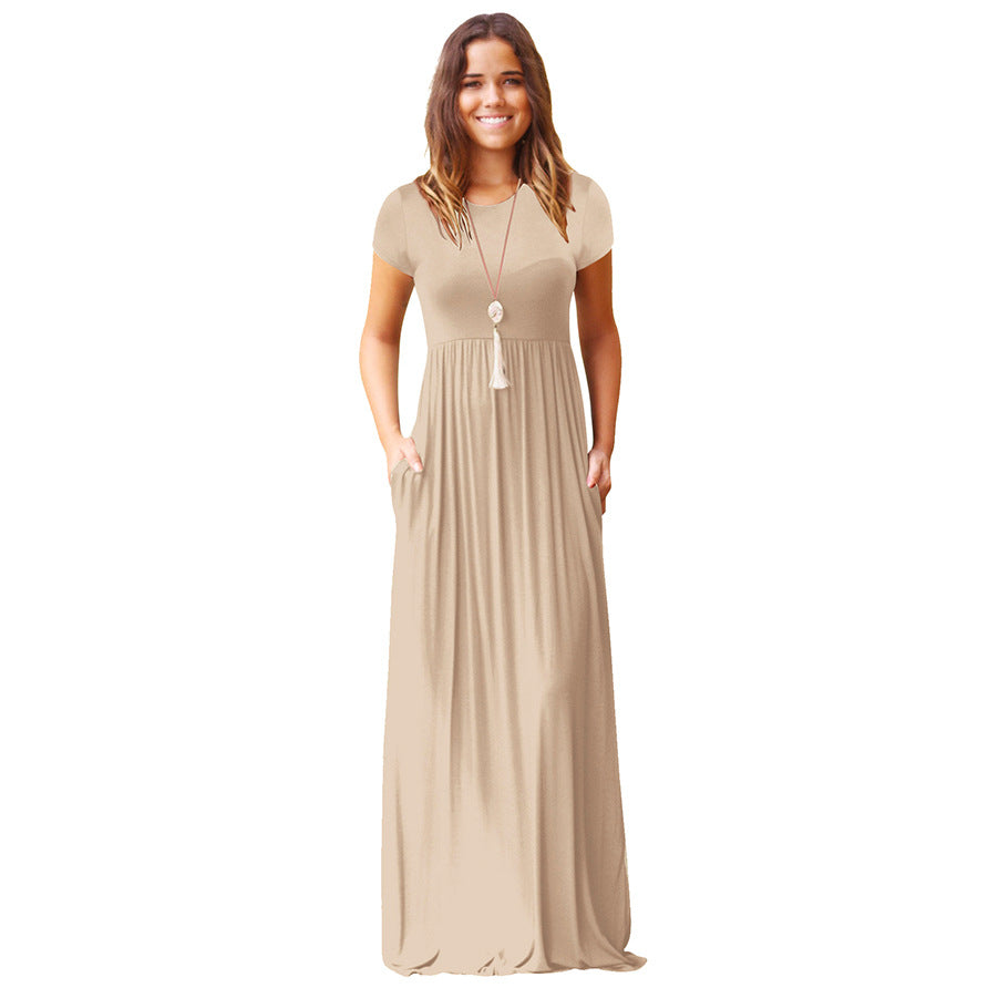 FS311#Vestido largo informal liso holgado de manga corta para mujer con bolsillos