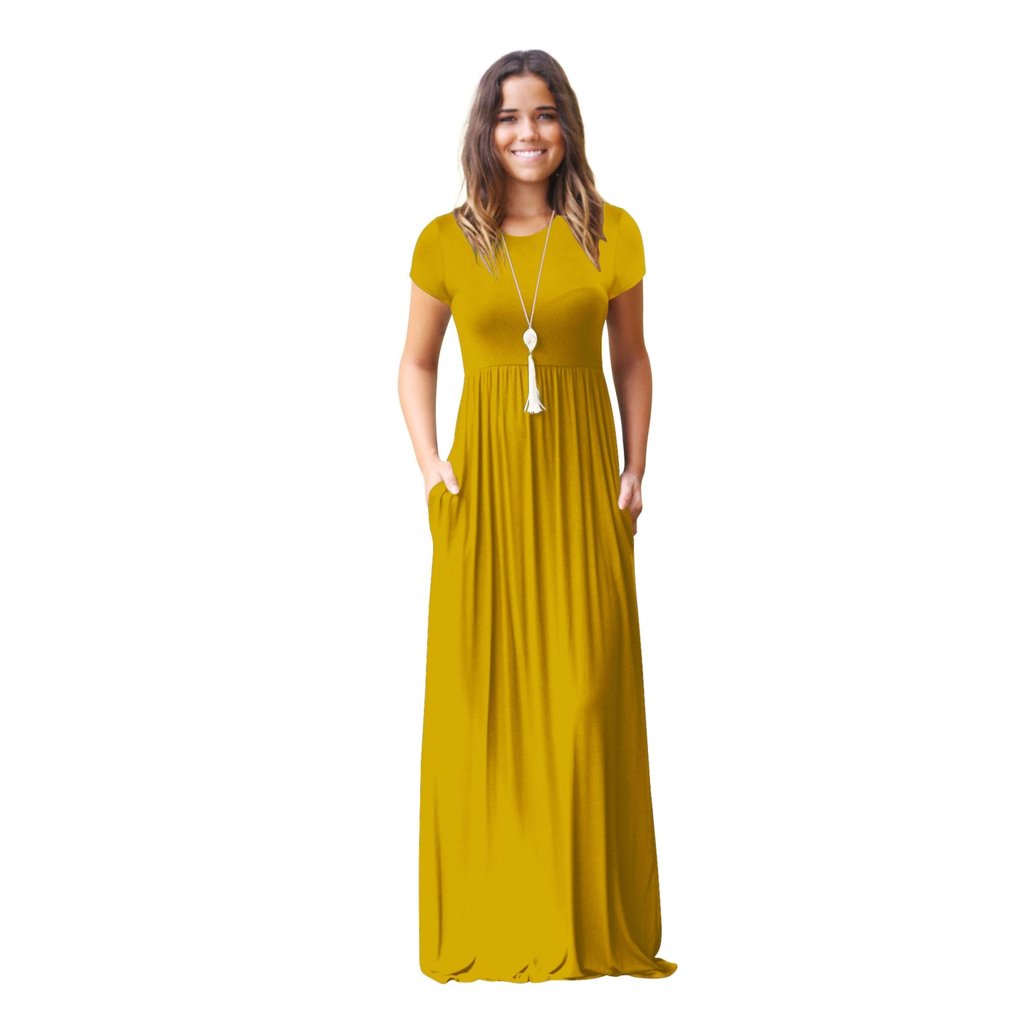 FS311#Vestido largo informal liso holgado de manga corta para mujer con bolsillos