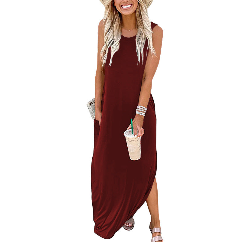 FS306#Vestido largo informal holgado para mujer, sin mangas, con abertura, para playa, con bolsillos