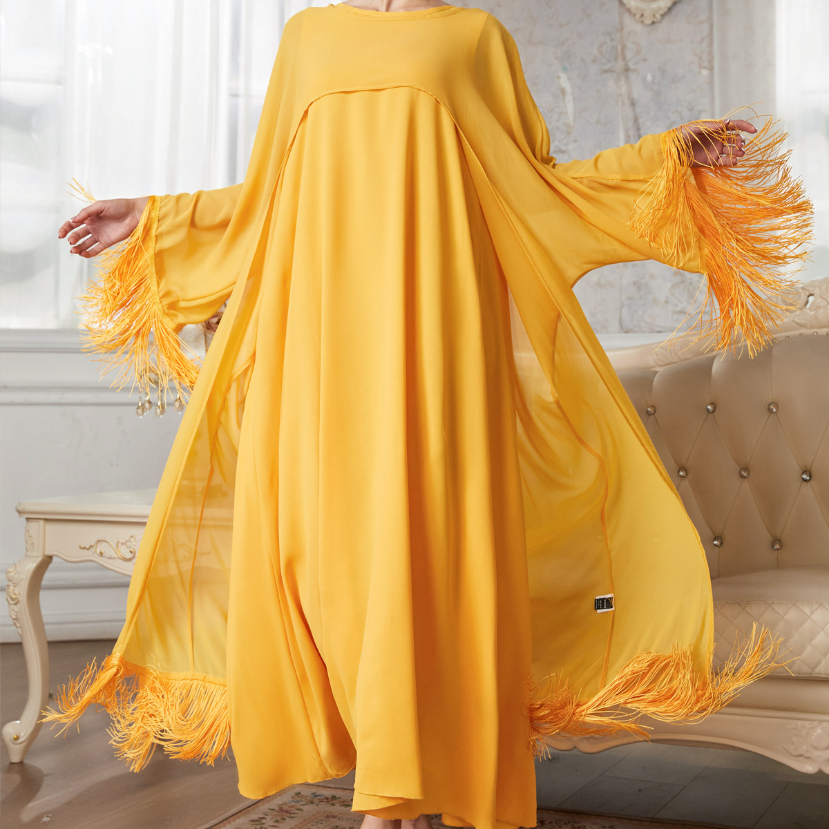 MS354#Conjunto elegante de dos piezas de bata de gasa y borlas