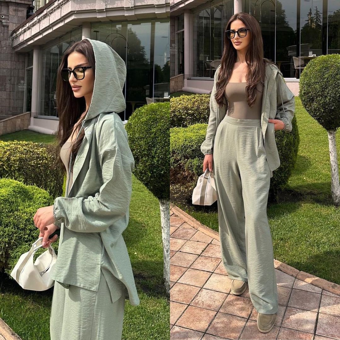 MS366#Traje informal musulmán de manga larga con capucha, chaqueta y pantalón de pierna recta