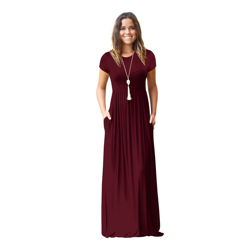 FS311#Vestido largo informal liso holgado de manga corta para mujer con bolsillos