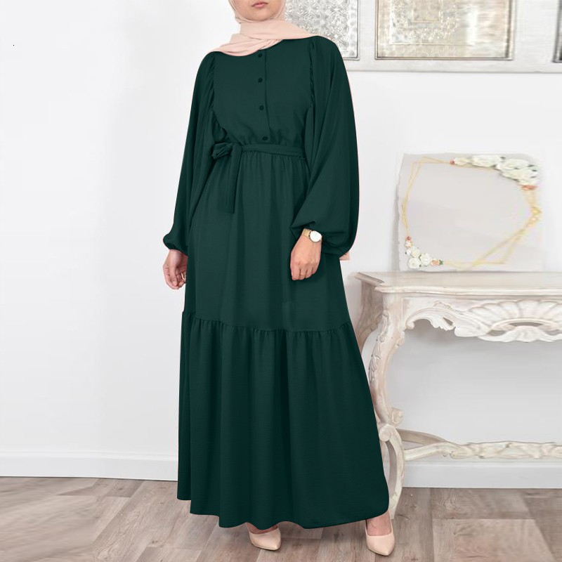 MS373#Vestido casual con cinturón y mangas abullonadas para mujer musulmana