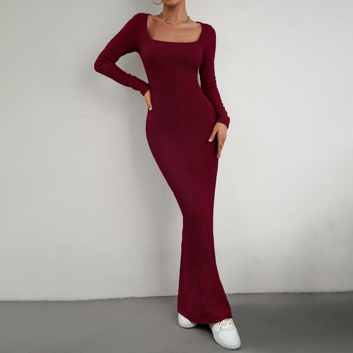 MS360#Vestido de punto de manga larga con escote cuadrado y corte ajustado para mujer
