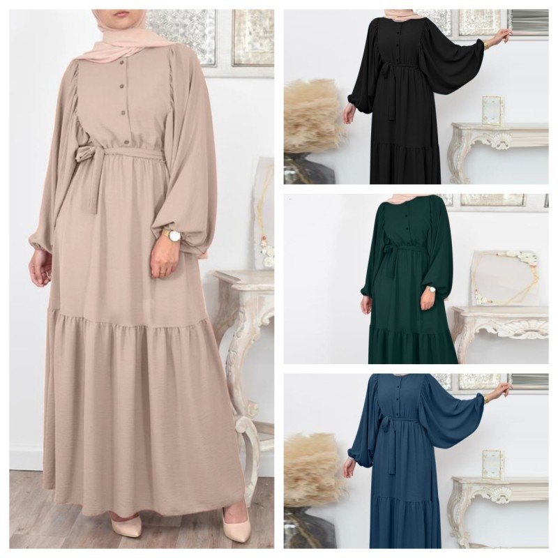 MS373#Vestido casual con cinturón y mangas abullonadas para mujer musulmana