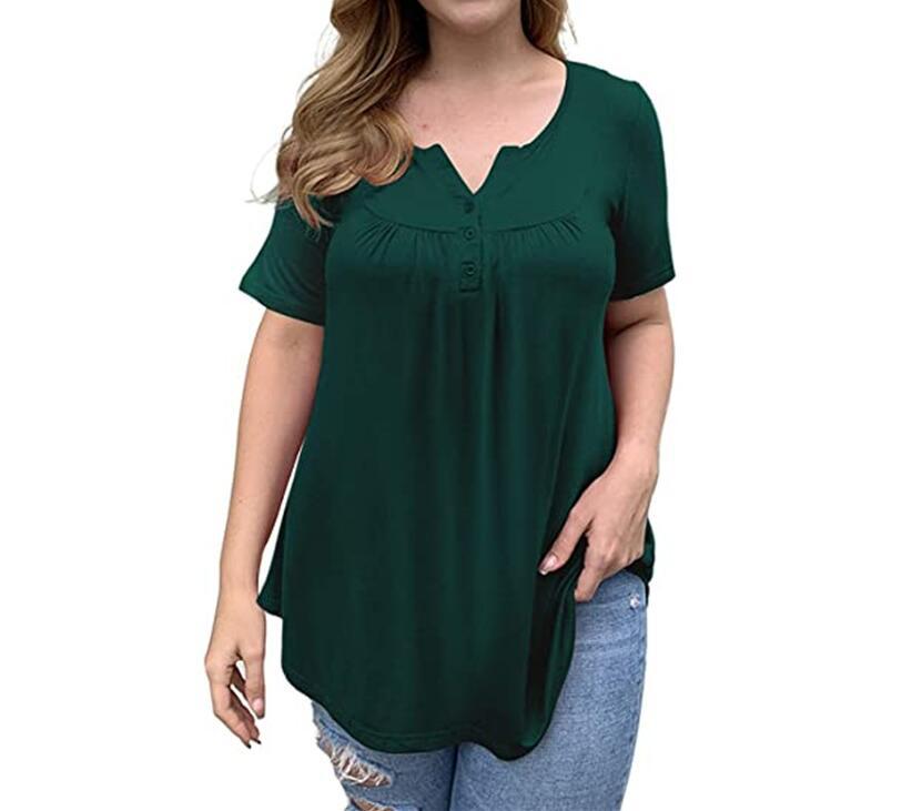 FS312#Blusa tipo túnica de talla grande para mujer, blusa de verano de manga corta con cuello en V, blusas holgadas con volantes y botones