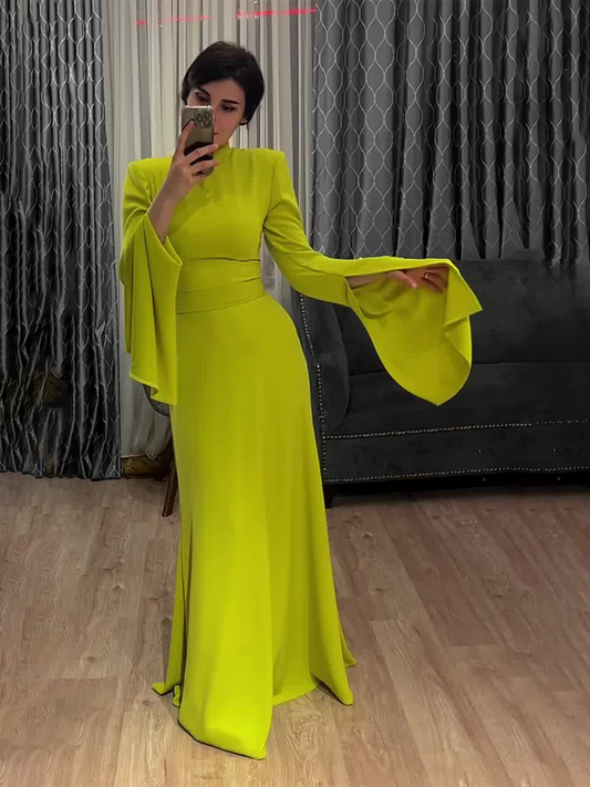 MS459#Vestido con diseño de cuello alto y manga larga con mangas de loto, con sentido del temperamento