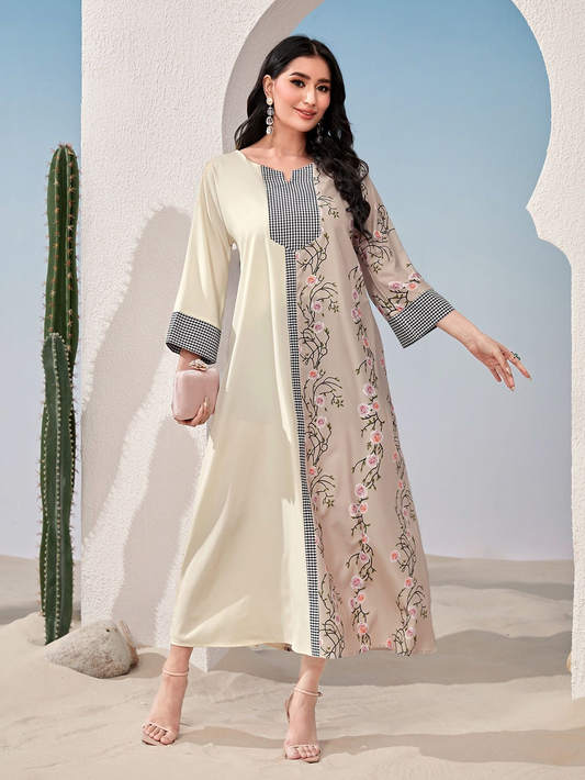 Bata de manga regular con estampado de patchwork y moda musulmana MS353