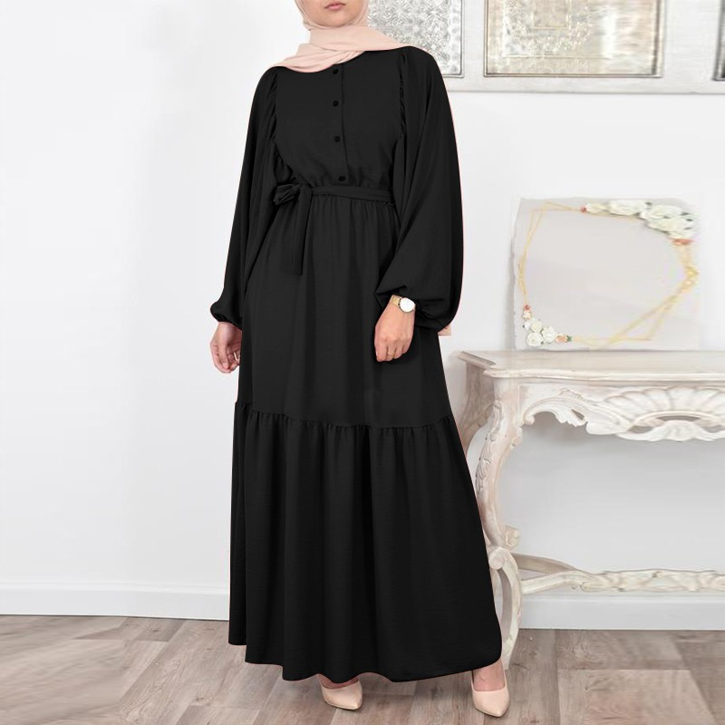 MS373#Vestido casual con cinturón y mangas abullonadas para mujer musulmana
