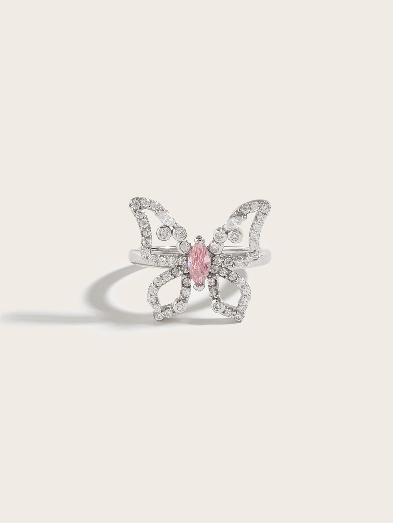 YNM019#Anillo mariposa de plata 925 con diamante de alto carbono rosa