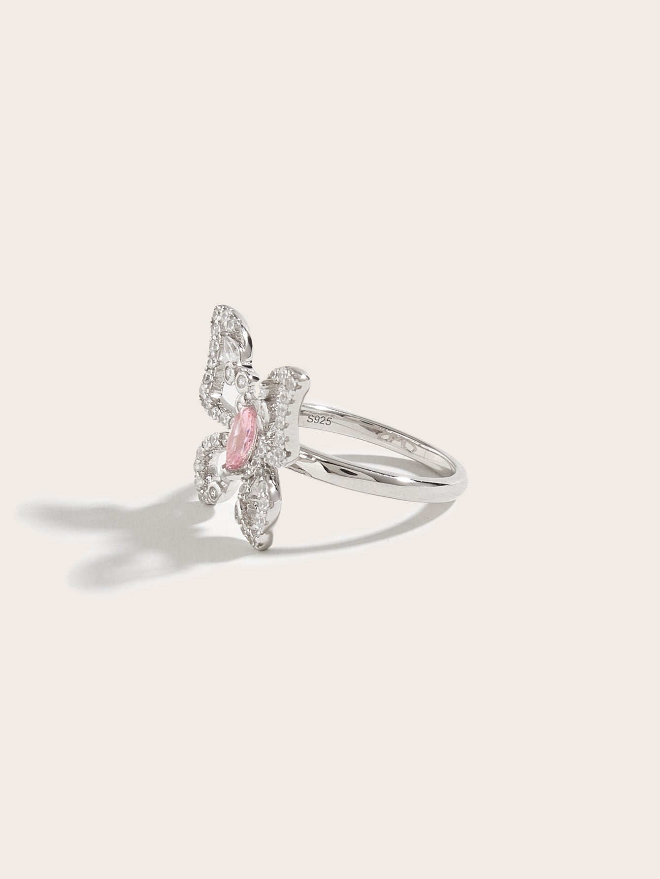 YNM019#Anillo mariposa de plata 925 con diamante de alto carbono rosa
