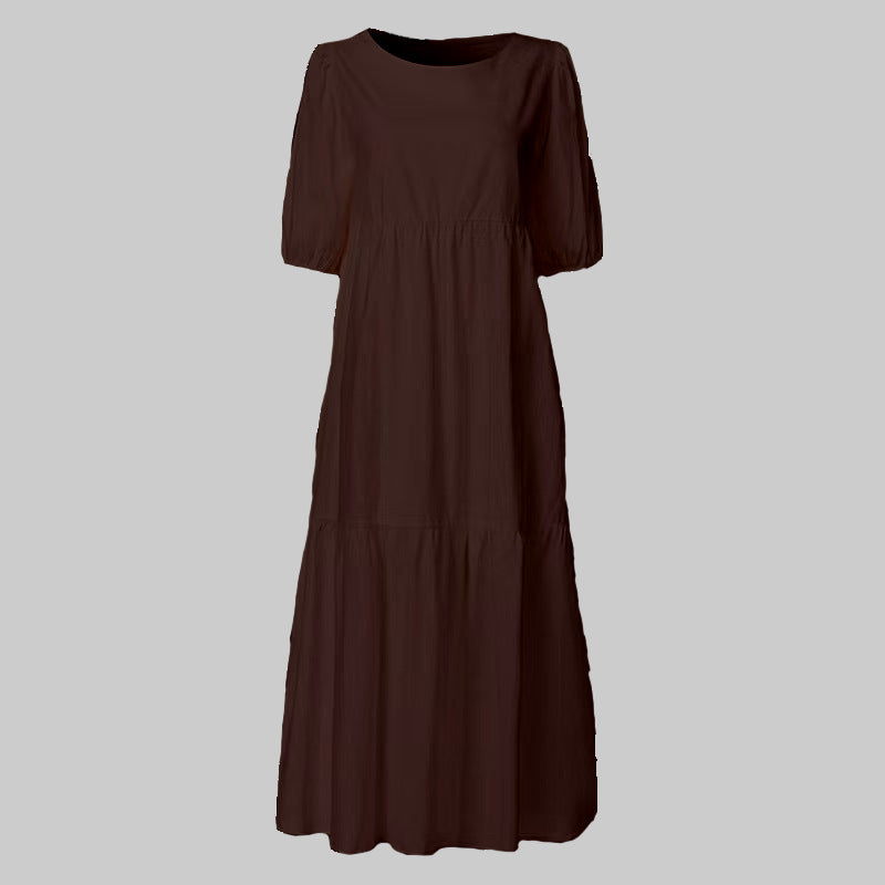 FS319# Vestido largo playero holgado con cuello redondo, manga corta y estampado de flores para mujer
