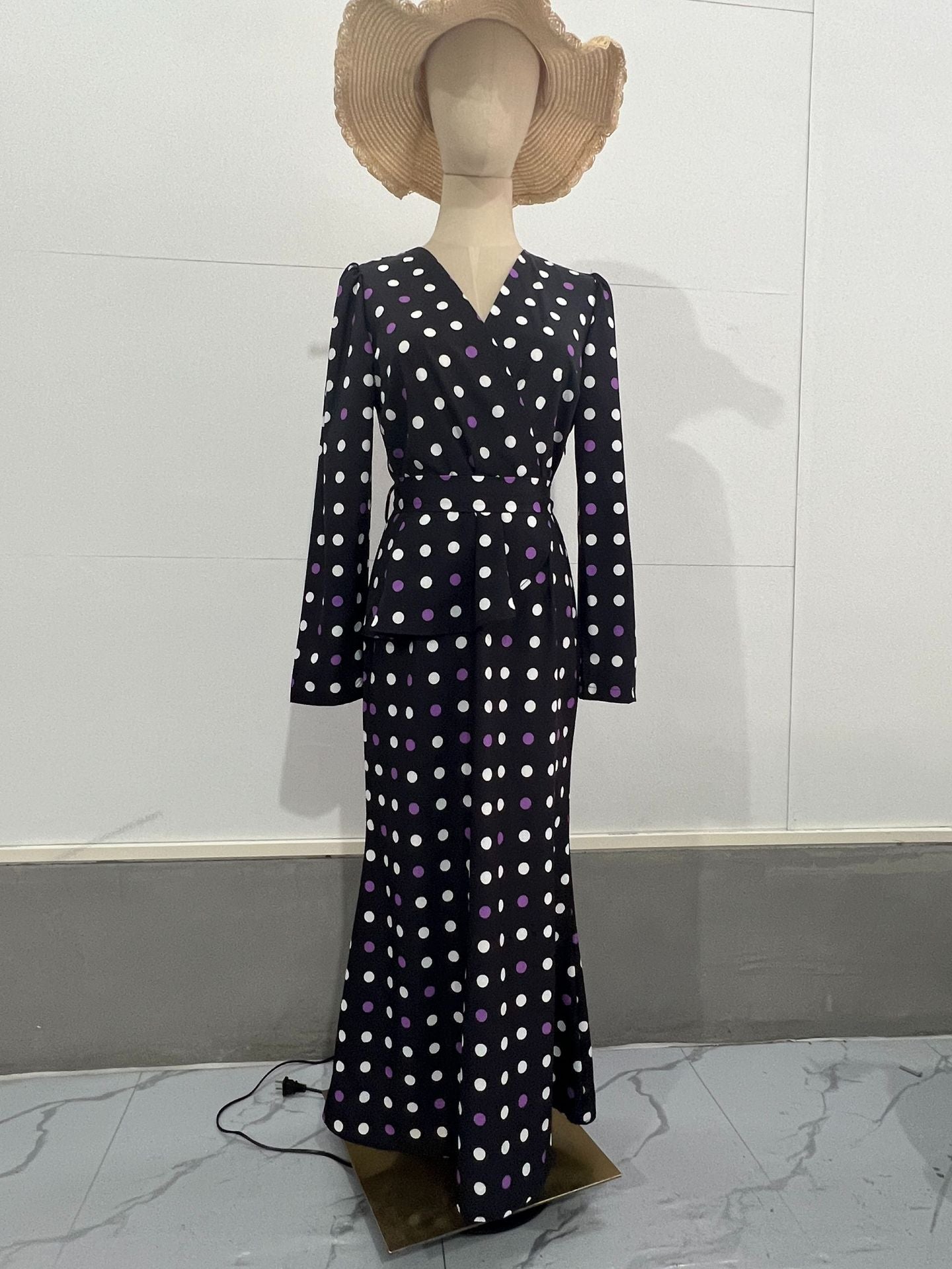 MS445#Vestido de lunares con cordones en la cintura para mujer