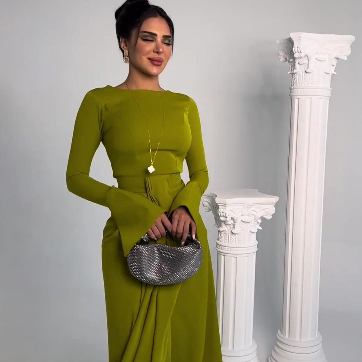 MS446#Vestido largo de satén con falda larga para mujer
