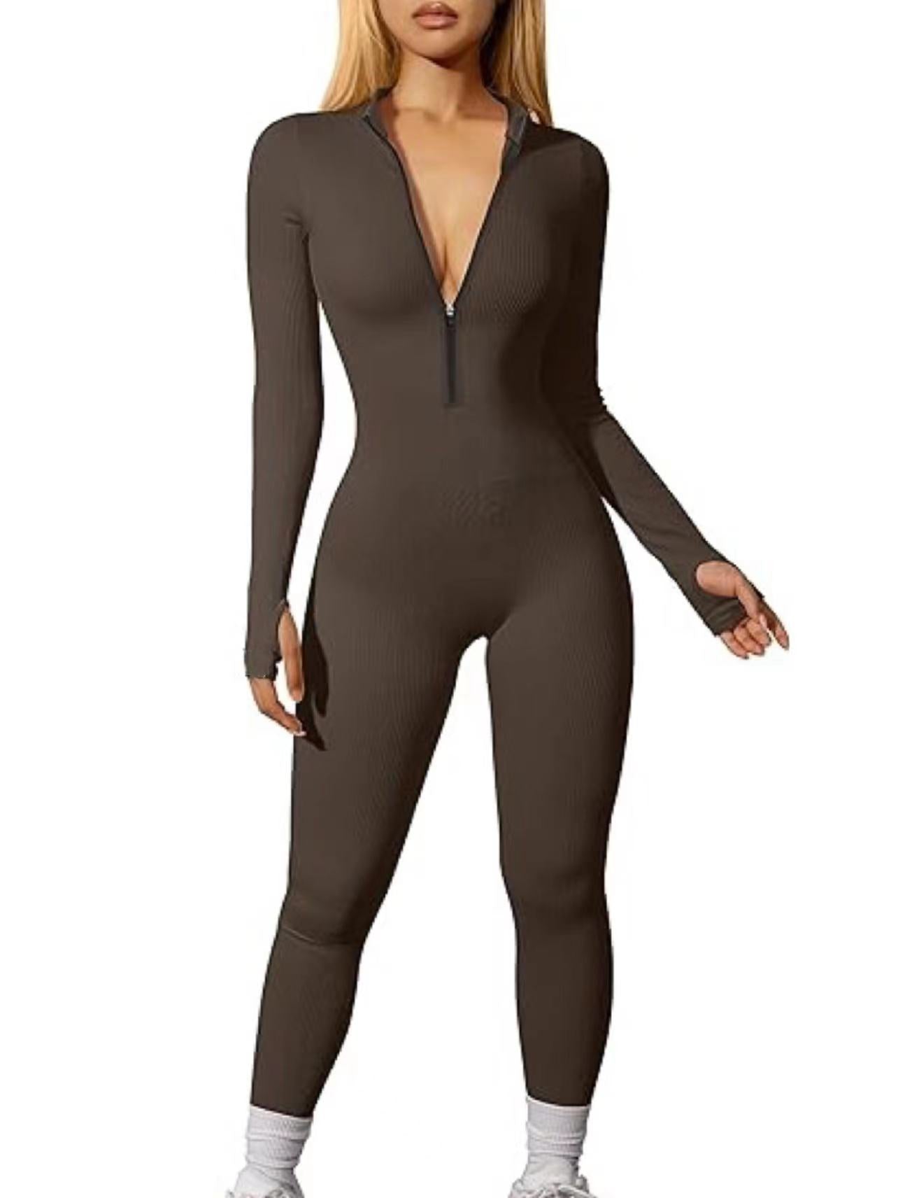 FS315#Mono deportivo para mujer transfronterizo europeo y americano, mono de entrenamiento con cremallera de manga larga acanalado, pantalones casuales ajustados