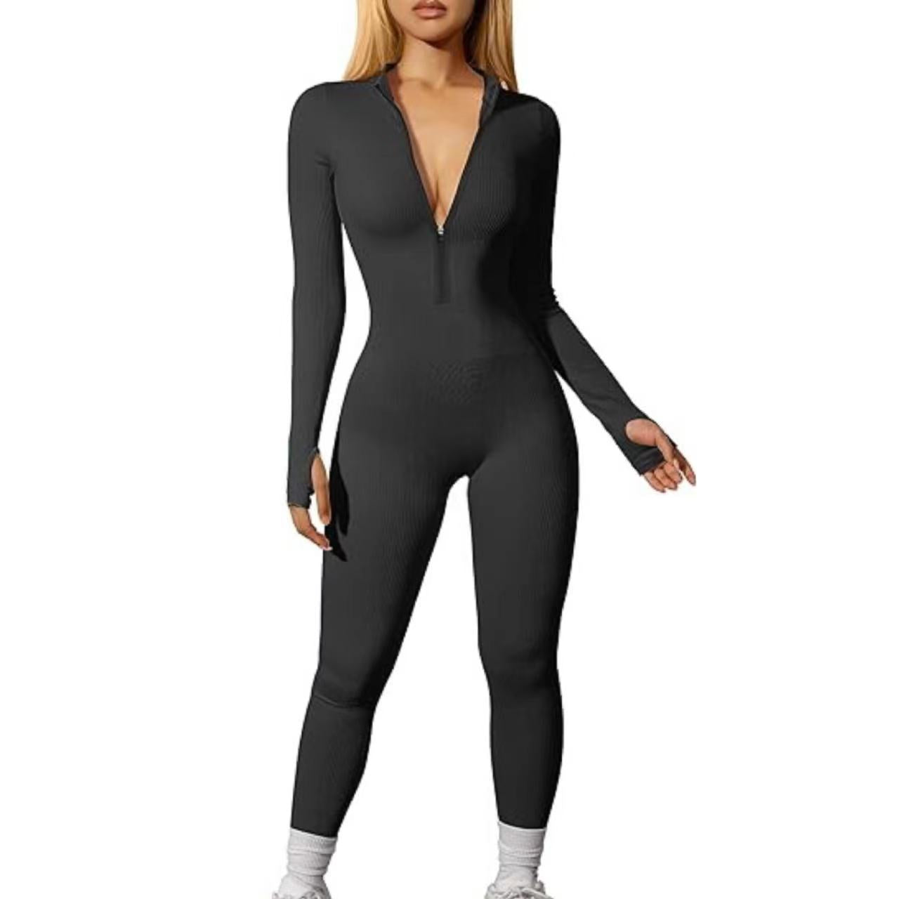 FS315#Mono deportivo para mujer transfronterizo europeo y americano, mono de entrenamiento con cremallera de manga larga acanalado, pantalones casuales ajustados