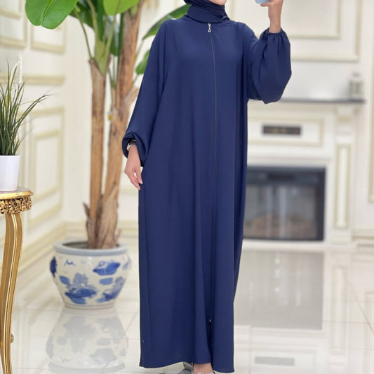 MS475#Abaya de color sólido, pañuelo para la cabeza para oración, vestido largo con cremallera para mujer