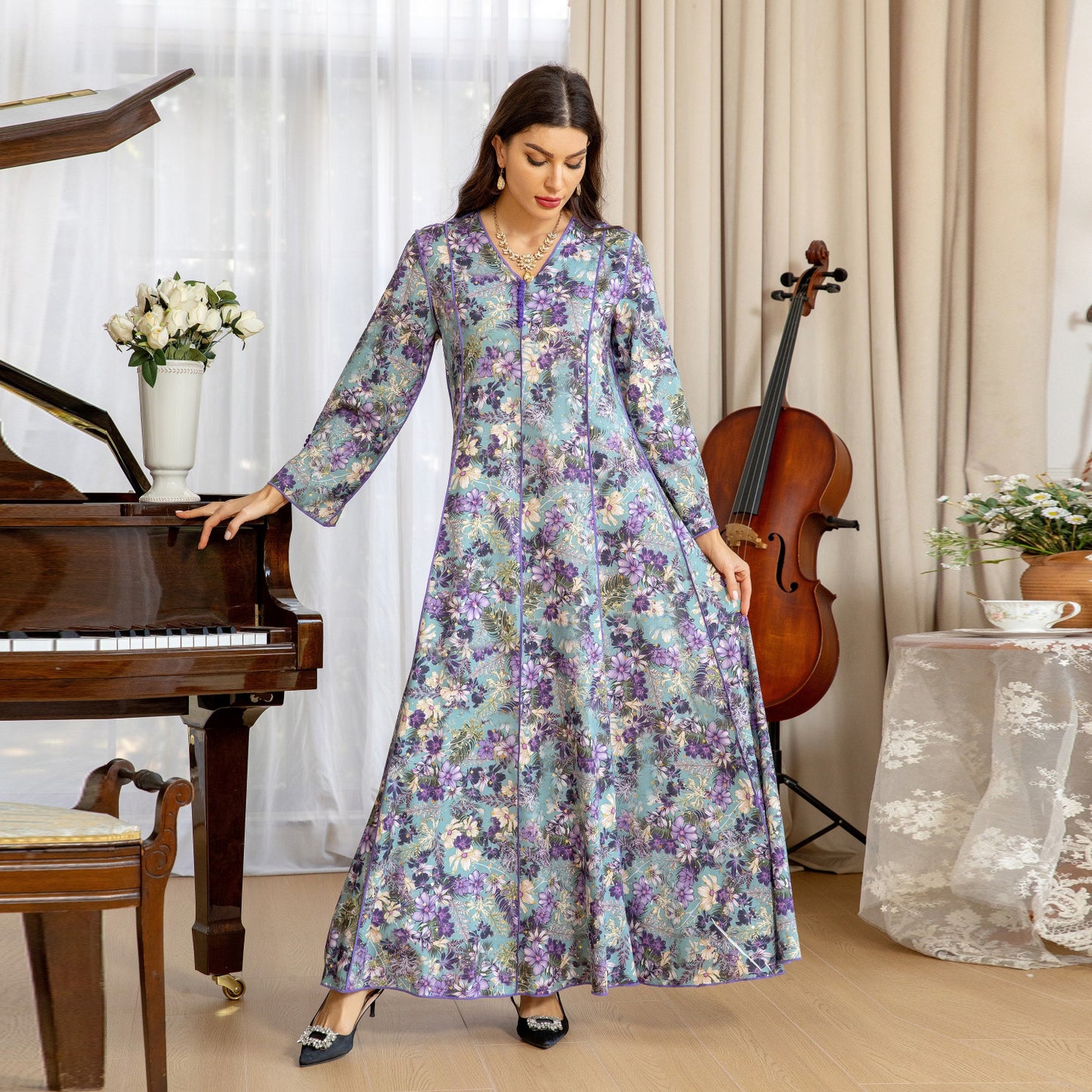 MS533#Arabian Dubai Muslim women's fashion printed robe jalabiya pullover Middle East cross-border