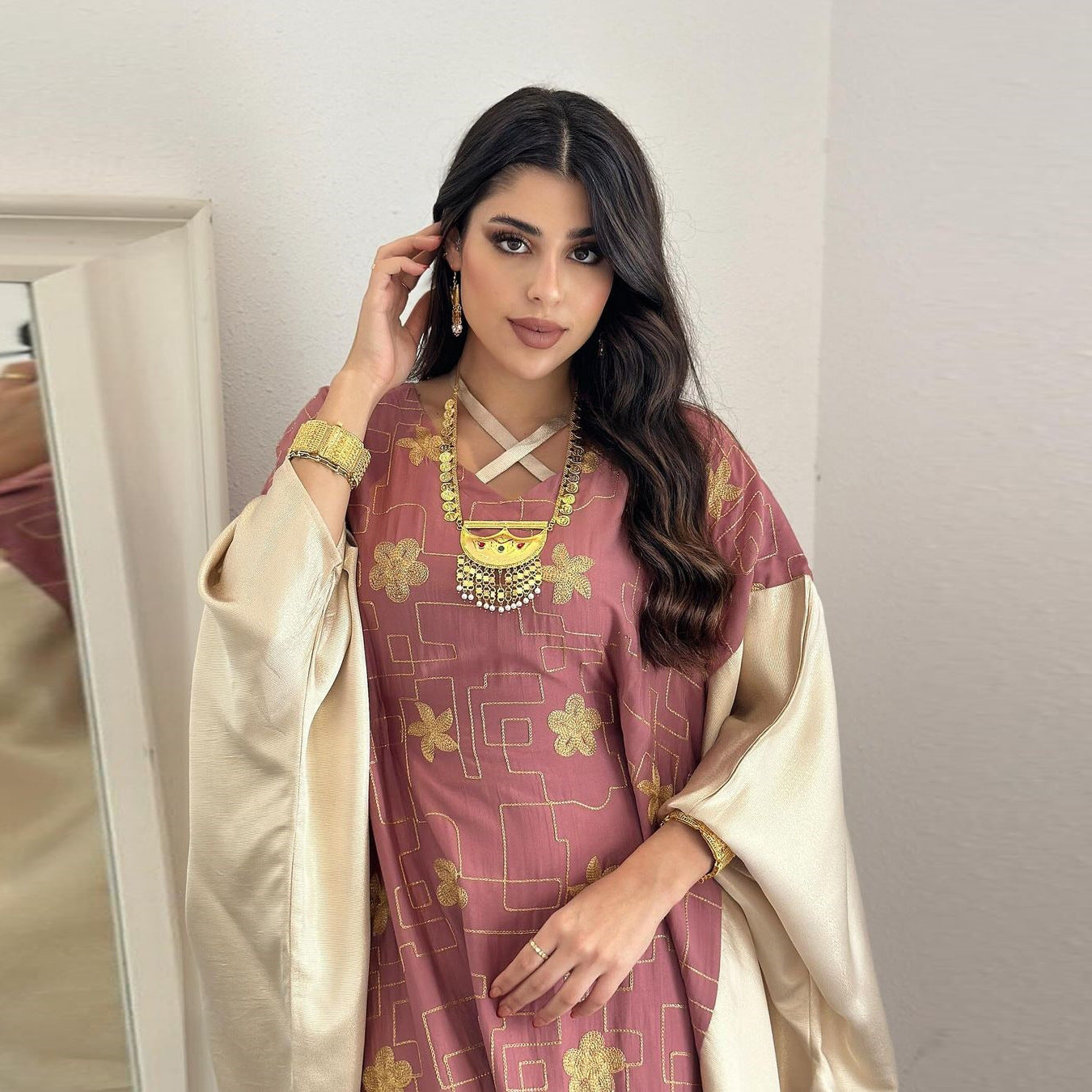 MS550#Vestido de bloque de color bordado para mujer musulmana de Dubai árabe