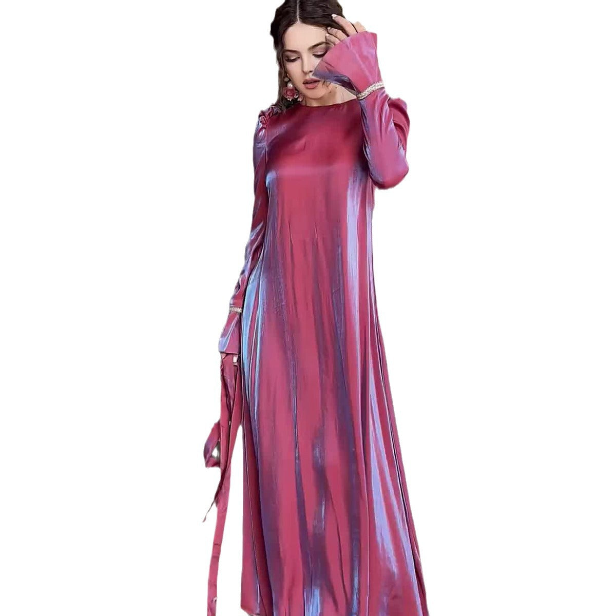 MS439#Vestido con mangas acampanadas y cremallera en satén de cristal de color liso con destellos